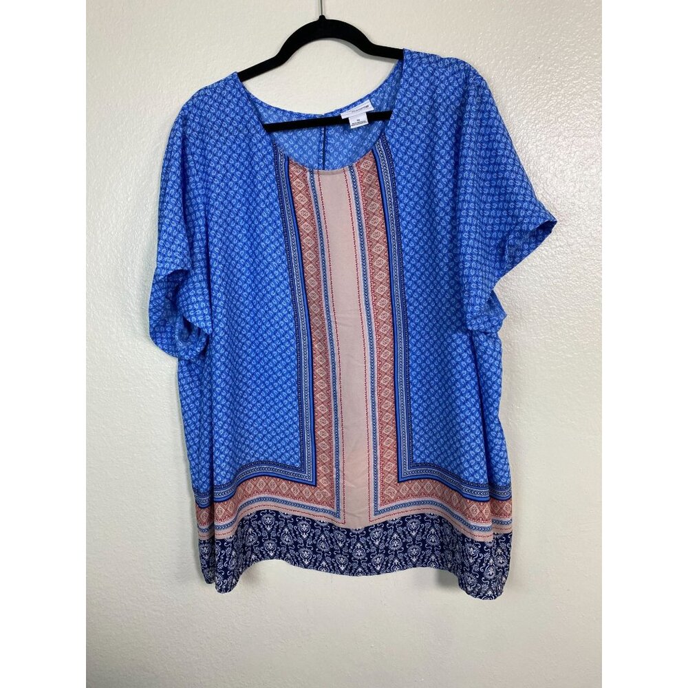 Liz Claiborne Blue Boho Print Short Sleeve Blouse Top Women Plus size 3X Light